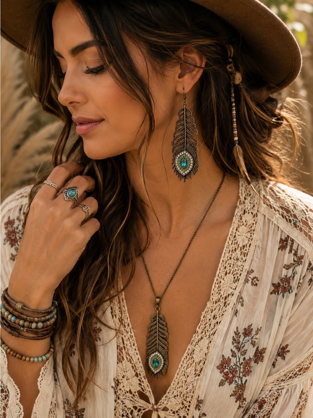 Antique Gold Feather Drop Earrings with Teal Stone